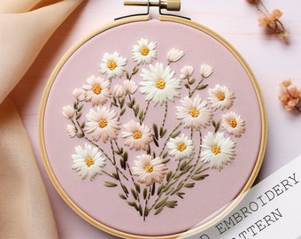 Wild Daisy embroidery pattern, Botanical embroidery, PDF pattern, embroidery hoop art, Floral embroidery digital download, beginner friendly