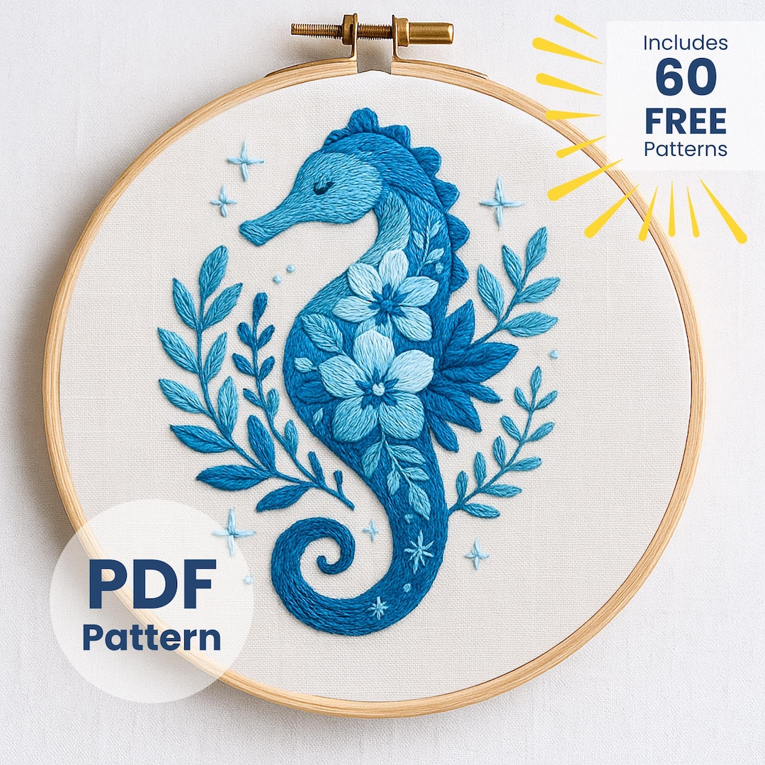 タツノオトシゴの花柄刺繍パターン、オーシャンフープアート（PDF