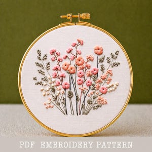 Wildflowers Hand Embroidery Pattern: Pink Floral Meadow, relaxing craft (PDF template)