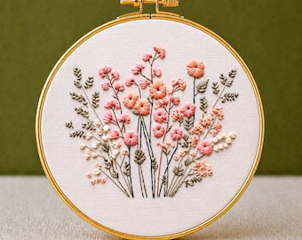 Wildflowers Hand Embroidery Pattern: Pink Floral Meadow, relaxing craft (PDF template)