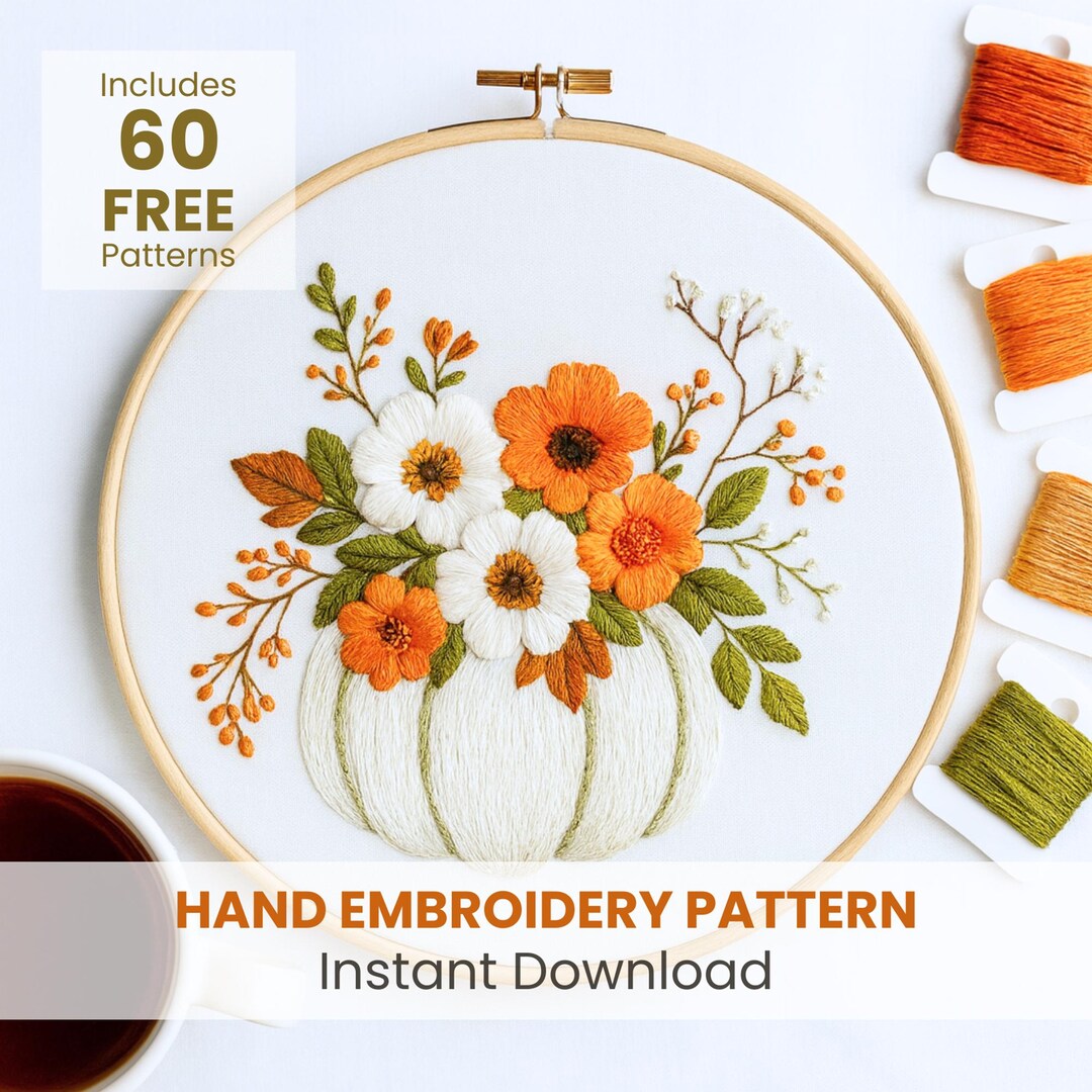 Floral White Pumpkin Hand Embroidery Pattern (PDF) - Etsy