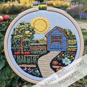 Vegetable Garden Embroidery Pattern, Summer Garden, Garden Shed Embroidery Design, Potager art, The Homestead, Garden Embroidery, farm decor