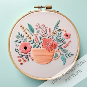 Tea Embroidery Pattern, Instant Download, Teacup Embroidery, DIY Embroidery Hoop, Instant Download Embroidery, Gift For Tea Lover ,Tea Gift