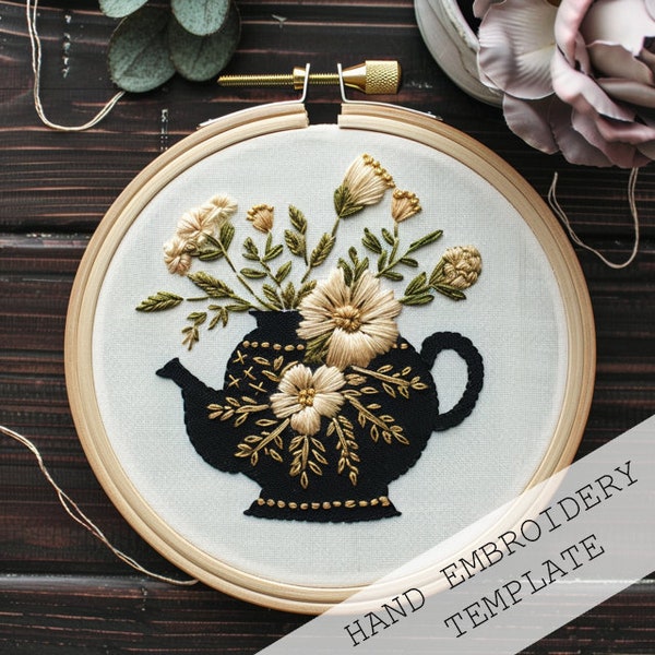 Black Teapot with flowers embroidery, Floral Tea Embroidery, Teapot Floral Art, Embroidery Tea Time, Flower Teapot, Floral Tea Embroidery