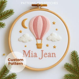 Personalised hot air balloon embroidery pattern, nursery decor, baby girl room decor, instant download, custom design, DIY custom name gift