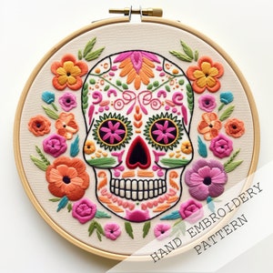 Motif de broderie tête de mort en sucre, tête de mort mexicaine, modèle de couture pour débutants, téléchargement immédiat, broderie moderne, travaux manuels de broderie