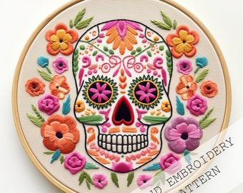 Sugar skull embroidery pattern, Mexican skull design, beginner needlework pattern, instant download, modern embroidery, embroidery crafts