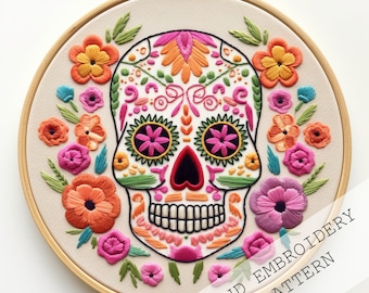 Sugar skull embroidery pattern, Mexican skull design, beginner needlework pattern, instant download, modern embroidery, embroidery crafts