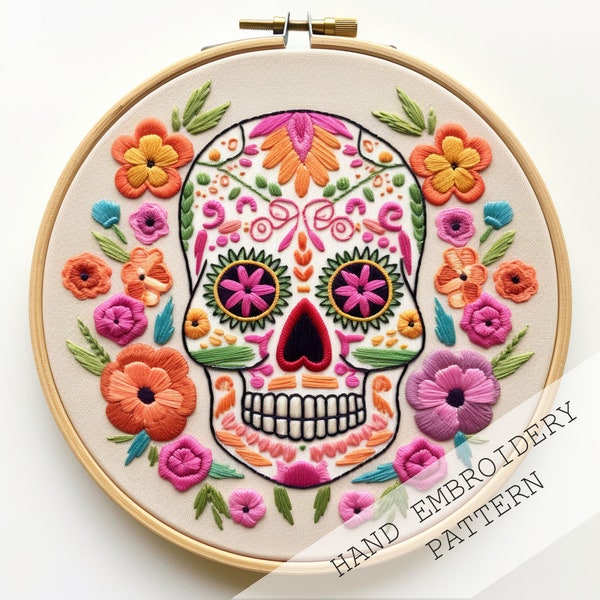 Sugar skull embroidery pattern, Mexican skull design, beginner needlework pattern, instant download, modern embroidery, embroidery crafts