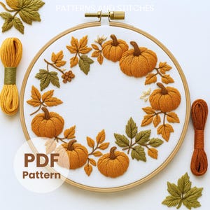 Pumpkin wreath Hand embroidery template, Embroidery pattern, Autumn Embroidery design, Beginner embroidery template, Creative embroidery art