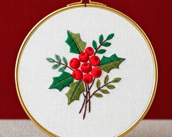 Holly Berries Embroidery Pattern: Christmas Hoop Art (PDF Pattern), Christmas Botanical Design