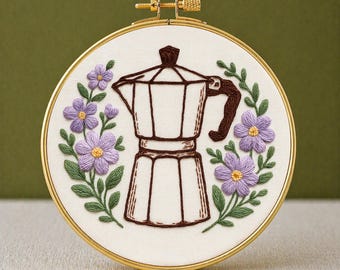 Floral Coffee maker Hand Embroidery Pattern: Beginner-Friendly Floral Hoop Art (PDF Instant Download)
