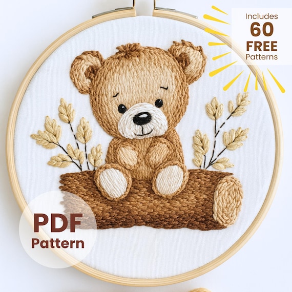森のクマの刺繍パターン、動物の刺繍、PDFファイル、手刺繍