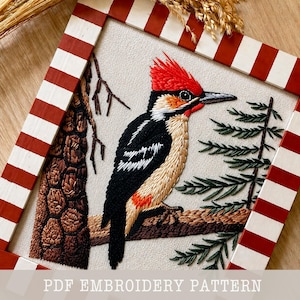 Patrón de bordado de pájaro carpintero: Pintura con aguja de pájaro para principiantes, idea de manualidad (Descarga instantánea)