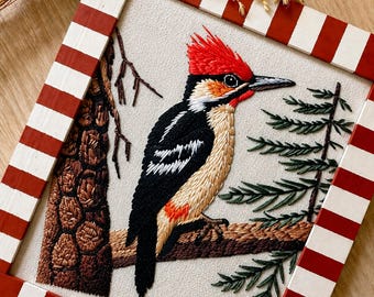 キツツキの刺繍パターン：初心者向け鳥のニードルペインティング