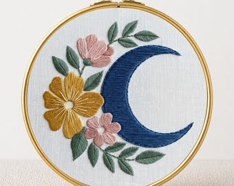 Celestial Moon PDF Crescent Floral Boho Hoop Art Wildflower Bouquet Beginner Needlework Mystical Decor Instant Download Satin Stitch Gift