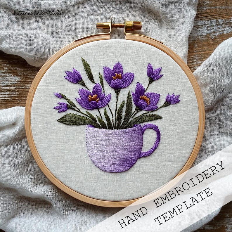 Purple Crocus Mug Embroidery Hoop Art Home Decor Kitchen Wall Art Printable Botanical Living Room Display Cottagecore Aesthetic Purple Floral Decoration Spring Tea Theme Handmade Gift Tea Lover Present Lavender Lover Decor Romantic Home Decoration Violet Purple Olive Gold Home Accessory Framed Hoop Gift Spring Home Refresh Craft Room Decor Botanical Print Alternative Crocus Saffron Bouquet Display Purple Lavender Olive Palette Handmade Present Thoughtful Artisan Gift Printable
