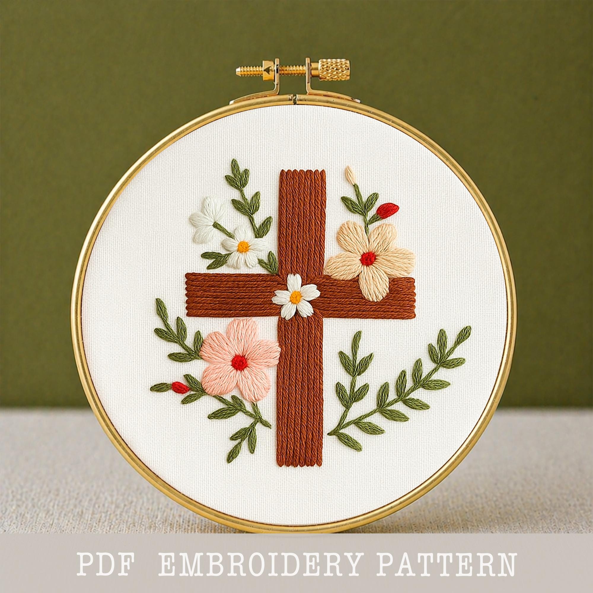 十字刺繍 花の十字架の手刺繍パターン：キリスト教テーマ、初心者向け、印刷可能