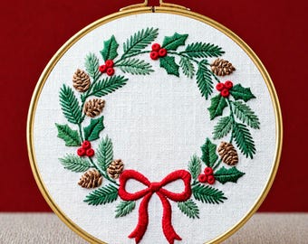 Christmas Wreath, Embroidery Pattern, PDF Digital Download, Festive Garland, Hand Embroidery, Hoop Art, Beginner Friendly, Holiday Wall Art