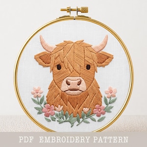 Highland Cow Embroidery Pattern, Rustic Floral Art, Modern hoop (PDF Instant Download)