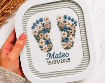 Schema PDF per ricamo personalizzato con nome floreale, cerchio con nome personalizzato, decorazione per la cameretta, regalo per baby shower, adatto ai principianti.