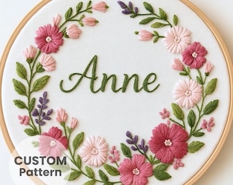 Floral Wreath Name Embroidery Pattern Custom Nursery Decor PDF Pattern 6 Sizes