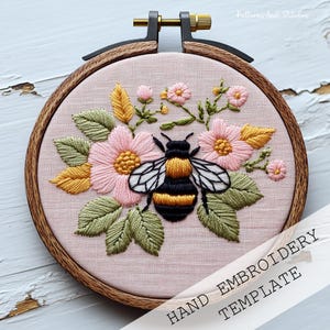 Spring Bee, Floral Embroidery Pattern, Beginner crafts, instant Download, Easy Wild Flowers Embroidery, bumble bee Embroidery, spring crafts