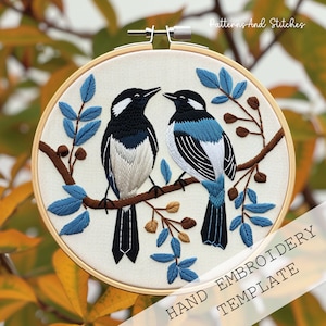 Magpie Bird Embroidery Pattern: Modern Cottagecore Decor (PDF)