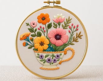 Tea Cup Floral Embroidery Pattern: Beginner Friendly Hoop Art (PDF Downloadable Template)