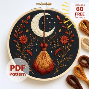 Häxkvast och månebroderimönster: Halloween-häxdesign (PDF digital nedladdning)