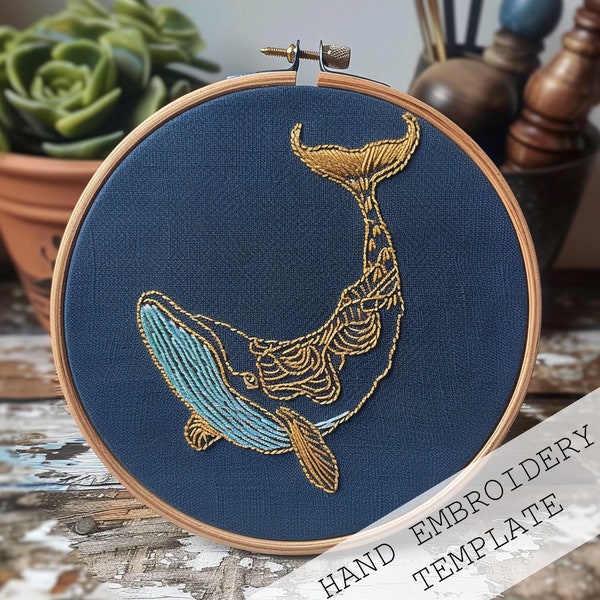 Whale Embroidery, Beginners crafts, Paisley Hoop Art, Modern Needlework, Animal Lovers, DIY embroidery, Embroidery template, Hand Embroidery