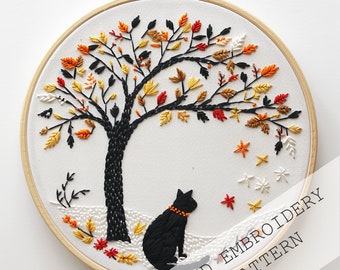 Black Cat Embroidery Pattern, Cute Cat Embroidery, Cat Lover Gift For Cat Lady, Halloween decor, Modern Cat Embroidery, autumn garden, fall