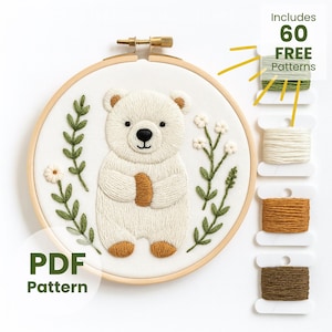 Molde de bordado de urso branco, decoração de floresta faça você mesmo, ideia de presente (molde em PDF)