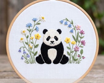 パンダの刺繍パターン：花柄動物クロスステッチ、手芸好きへのギフト