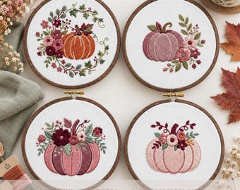 Pumpkin Floral Hand Embroidery Pattern Set of 4: Fall decor, PDF Instant Download Bundle
