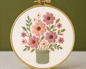 Patrón de bordado Blush Garden Bouquet en PDF, diseño floral para bordado a mano, plantilla imprimible, arte moderno para bastidor.