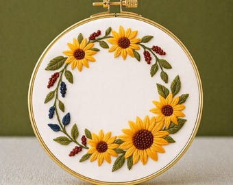 Sunflowers Wreath Hand Embroidery Template: Summer Floral Art (PDF template)