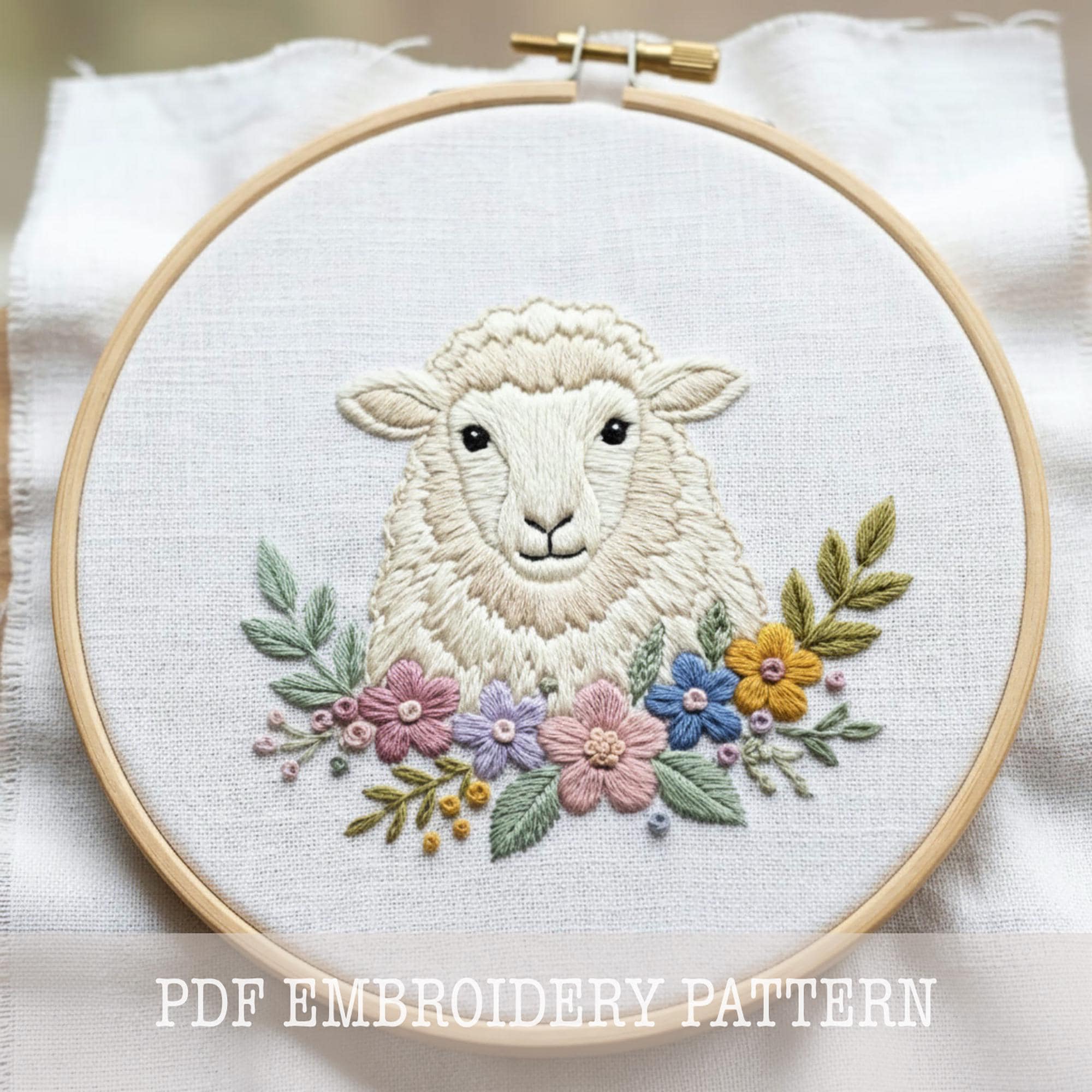 羊の刺繍パターン、初心者向けファームハウス装飾（PDFダウンロード