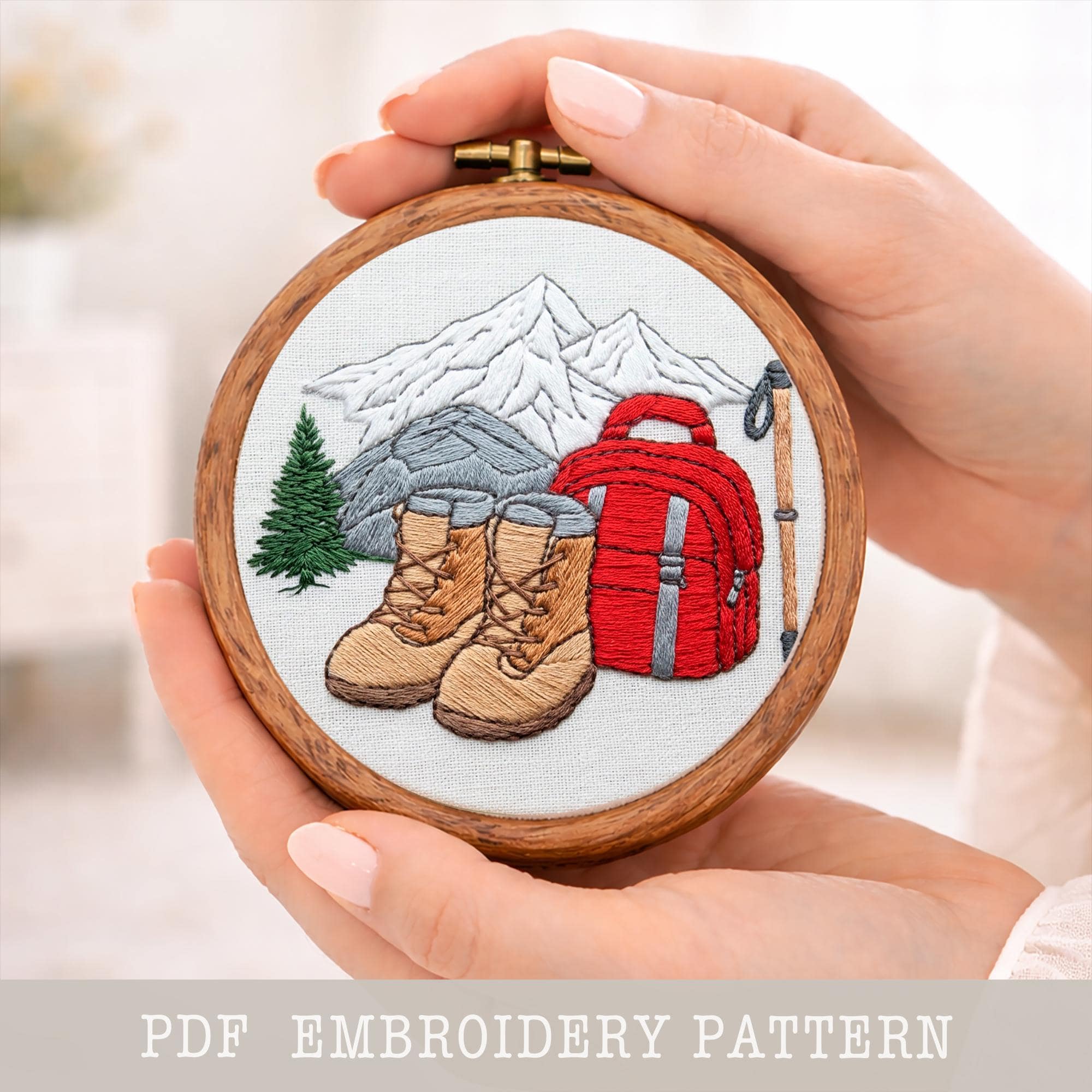 登山靴の手刺繍パターン：冬の山岳風景（PDFパターン） - Etsy 日本