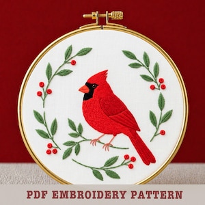 Winter Cardinal Embroidery Pattern, Beginner Holiday Craft, Minimal Art (PDF Download)
