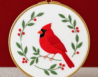Patrón de bordado de cardenal de invierno, manualidad navideña para principiantes, arte minimalista (descarga en PDF)