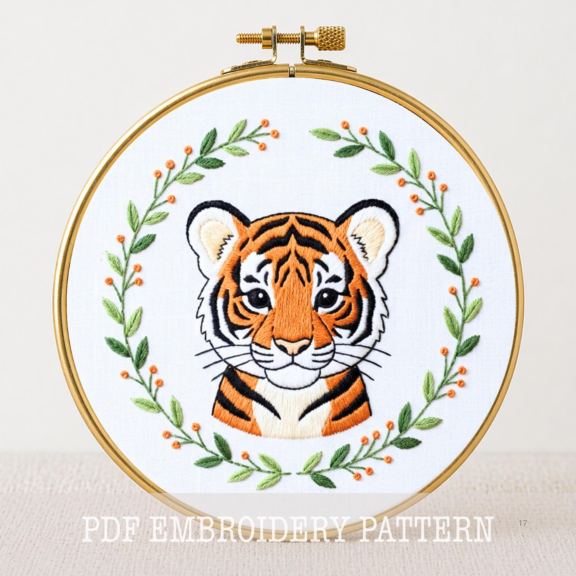 Floral Tiger Embroidery Design: Beginner DIY Craft, Safari Animal 