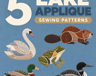 Wetland Applique Sewing Pattern Bundle, Mallard Swan Loon Frog Beaver, Raw Edge Patchwork hand sewing craft, PDF Template + SVG file