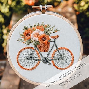 Orange Fahrrad mit Blumen Stickmuster, Floral Fahrrad Handstickerei, moderne Wohnkultur, DIY PDF-Download, pastellfarbenes, weiches Design