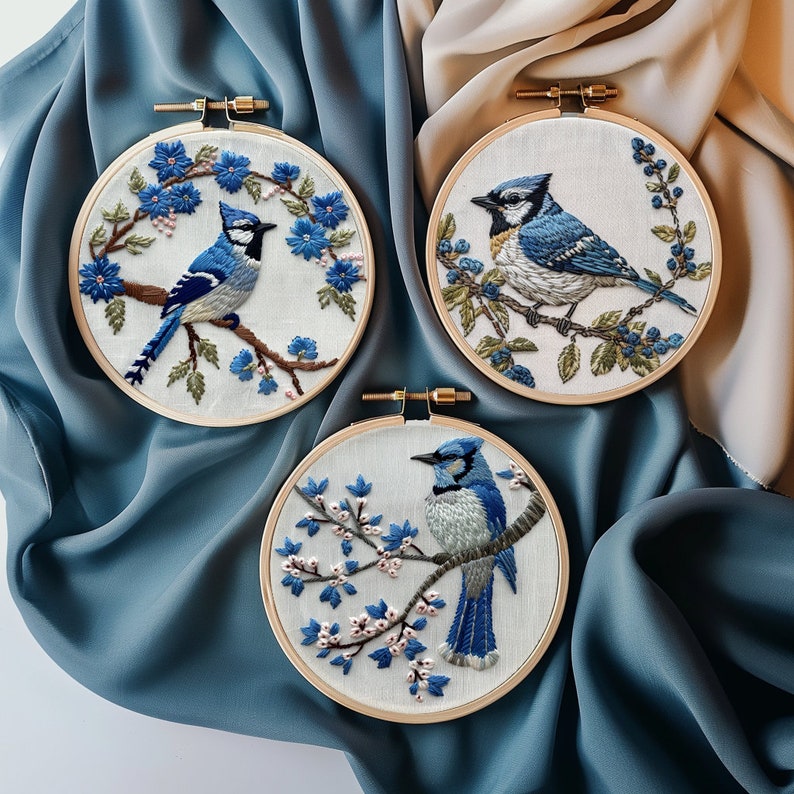 Set of 3 Blue Jay Birds Embroidery template, Digital Pattern, Instant Download DIY Embroidery, Hoop Art, Hand Embroidery, Cute Nursery Decor image 1