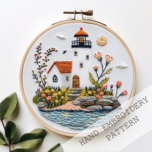 Embroidery Pattern, Hand Embroidery, Flower embroidery, Lighthouse Embroidery, Embroidery for Beginners, Coastal Decor, summer crafts craft