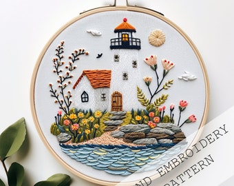 Embroidery Pattern, Hand Embroidery, Flower embroidery, Lighthouse Embroidery, Embroidery for Beginners, Coastal Decor, summer crafts craft