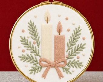 Holly Candles Christmas Embroidery Template: Floral Ornament Pattern, instant download (PDF template)