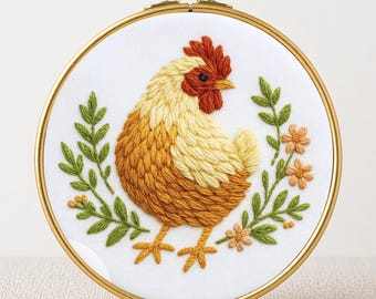 Floral Chicken Embroidery Pattern, Modern DIY, Minimal Art  (PDF Pattern)