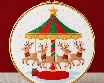 Magical Reindeer Carousel Embroidery Pattern PDF Digital Download Christmas Hoop Art Whimsical Holiday Scene Winter Nursery Wall Art